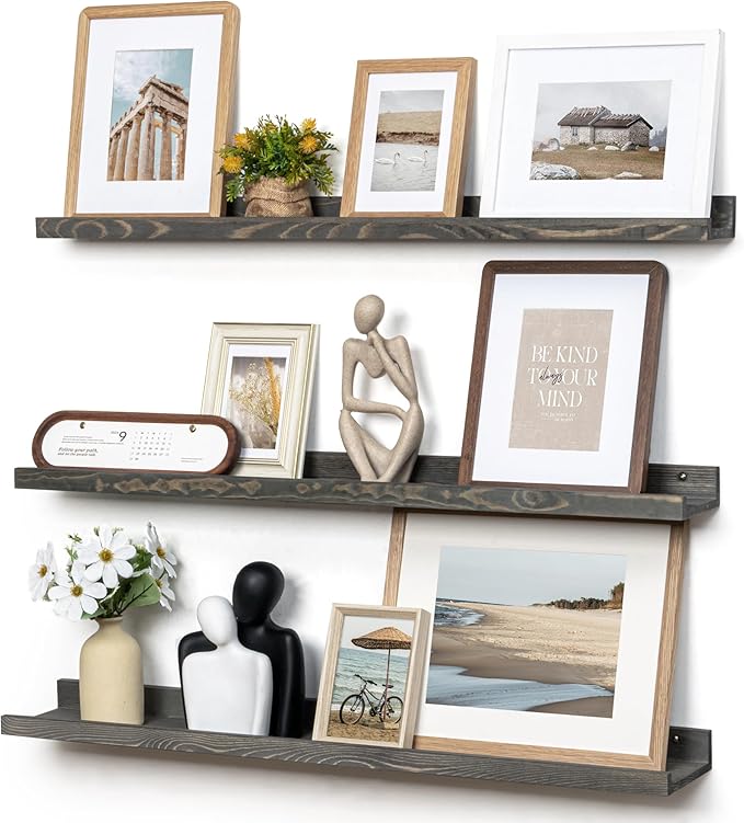 Picture Ledge Wall Shelves - 36 Inch Width Set of 3, Solid Pine Wood Rustic Floating Ledge Shelves for Kids' Room, Bedroom, K