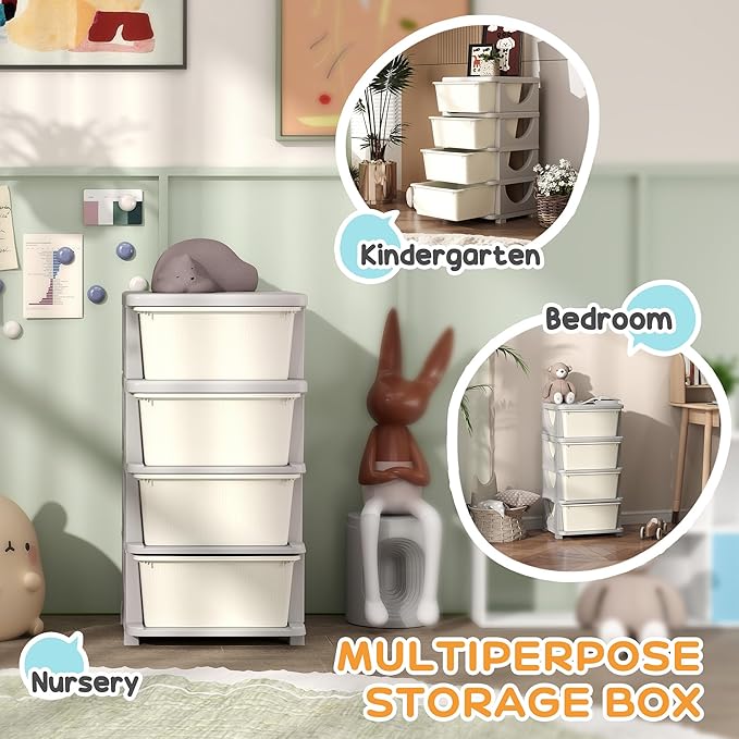 Qaba 4 Tier Kids Storage Unit, Toy Organizers and Storage with 4 Drawer Chest for Kids Bedroom Nursery Kindergarten Living Ro