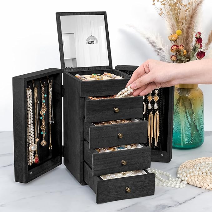 Meangood Jewelry Box Wood for Women, 5-Layer Large Organizer Box with Mirror & 4 Drawers for Rings, Earrings, Necklaces, Blac