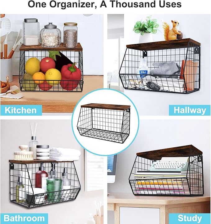 MSJGA Laundry Room Shelves Wall Mounted with Storage Basket - Stackable Wire Wall Shelves Organizer for Towels, Detergent, Ti