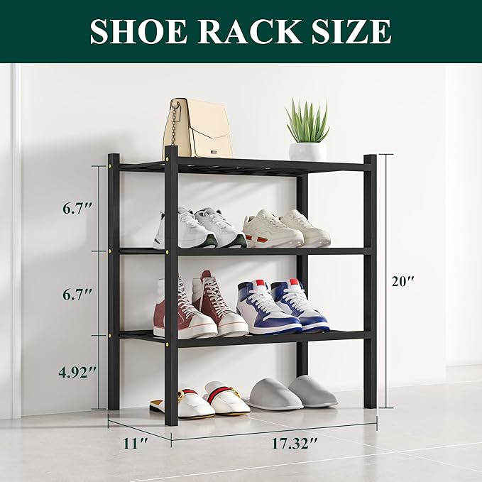 Smiry Shoe Rack, 3 Tier Small Bamboo Shoe Organizer, Stackable Free Standing Wooden Shoe Storage Shelf for Closet, Entryway, 