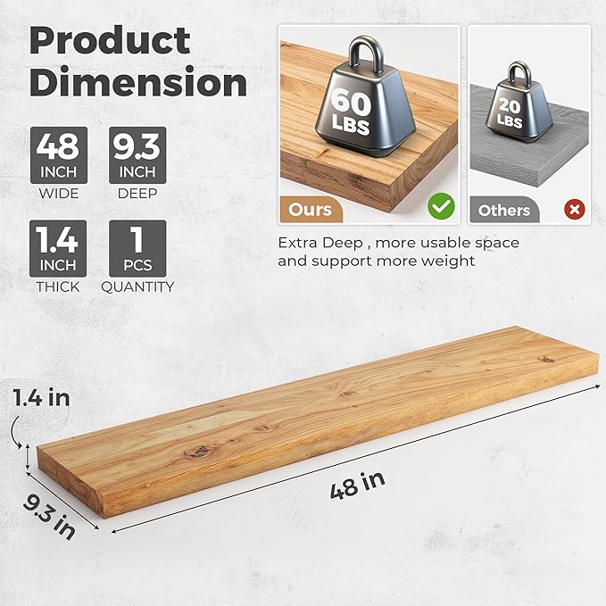 RICHFOCUS Elm Floating Shelves for Wall - 48" W x 9.3" D Rustic Solid Wood Shelves with Invisible Bracket, Wall-Mounted for L