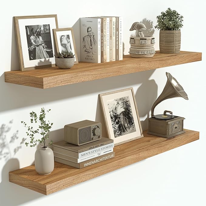 Vivelove Solid Wood Floating Shelves Set of 2, Elm Wood Wall Shelf with Invisible Bracket for Living Room Bedroom Bathroom Of