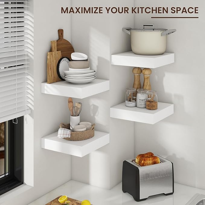 Square Floating Shelves for Wall, 12" W x 12" D x 2" H, 2 Pack of Small Wall Mounted Engineered Wood Shelves with Invisible B