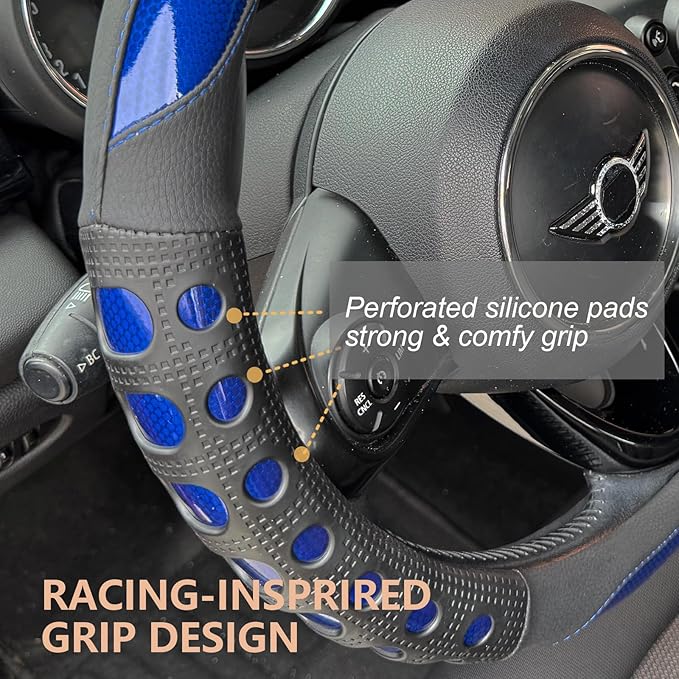 PINCTROT Large Size Race Grip Steering Wheel Cover, Anti Slip Silicone Perforated Design with Soft Touch Padding, Enhanced Grip for Sporty Driving 15.5-15.75 Inch (Racing Blue)