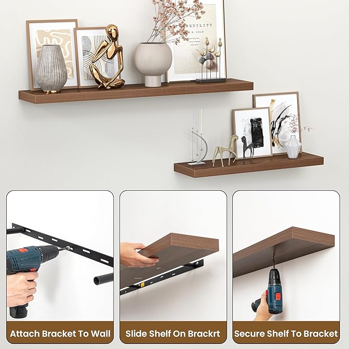 Heimlove Floating Shelves for Wall 32 Inch,Mounted Storage Wood Shelves with Invisible Brackets Hanging Shelf for Bedroom Liv