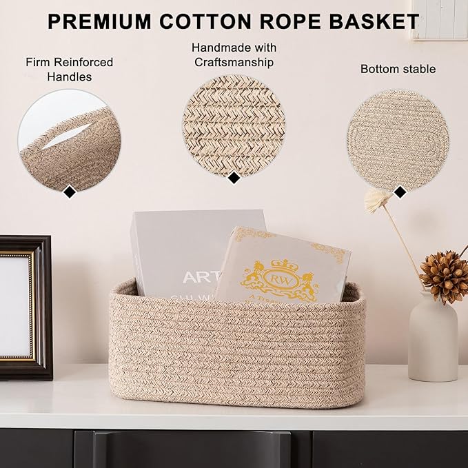 OIASKET 4 Pack Small Storage Shelf Baskets for Organizing, Mini Woven Rope Storage Bins for Towels, Cute Decorative Closet Or