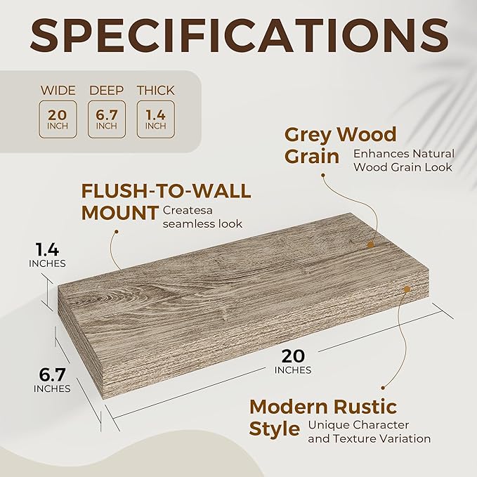 Dreamland 20 Inches Floating Shelves for Wall,6.7 Inch Deep Floating Shelves Set of 2, Large Display & Storage Shelf, Wall Sh