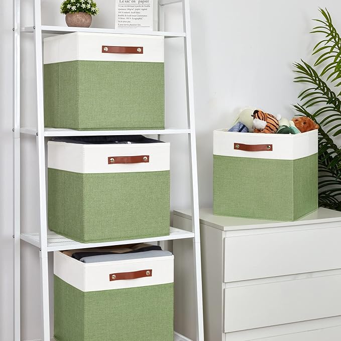 Temary 13 Inch Cube Storage Bin 4 Pack Fabric Storage Cubes Fabric Storage Bin for Shelf, Cube Storage Basket with Leather Ha