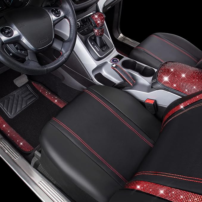 CAR PASS Rhinestone Red Bling Diamond Car Seat Covers Leather Black & Shining Car Floor mats Carpet with Anti-Slip Nibs& Blin