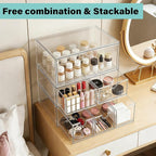 Prsildan Acrylic Makeup Organizer, 3 Pack Stackable Clear Storage Drawers for Baby Bottles Desk Organizers with 3 Drawers for
