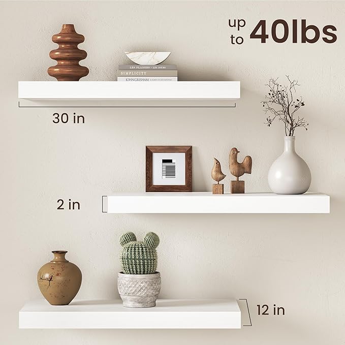 30Inch White Floating Shelves for Wall, 12 Inch Deep Shelves for Bedroom, Kitchen, Bathroom Wall Mounted, Rustic Wood Floatin