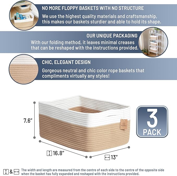 NaturalCozy Storage Baskets 16.8”x13”x7.6” Cotton Rope Woven Baskets for Organizing 3-Pack | Toy Storage Bins | Basket for Sh