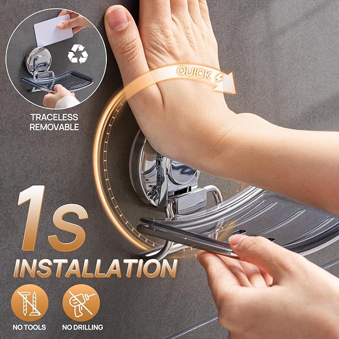 LEVERLOC Chrome Suction Cup Soap Dish Holder for Shower Wall Drill-Free Rustproof Waterproof Wall Mount Strong Suction Remova
