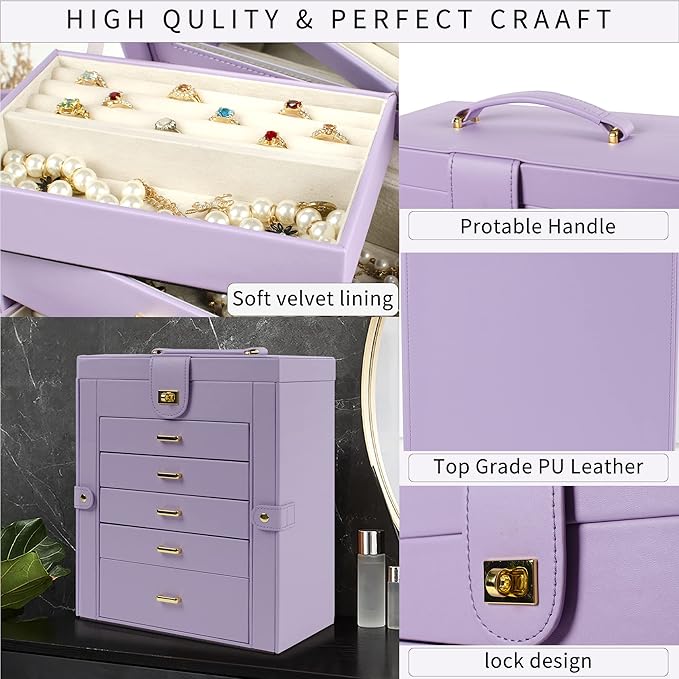 AKOZLIN Large Jewelry Box Organizer Functional with Big Mirror, Leather Jewelry Storage Case for Women Girls Ring Necklace Ea