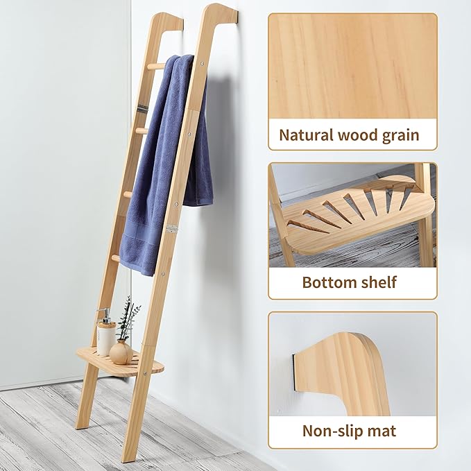 Taozun 66in Boho-Style Blanket Ladder for Living Room Decor, Wall-Leaning Farmhouse Display Towel Rack for Throw Quilt with L