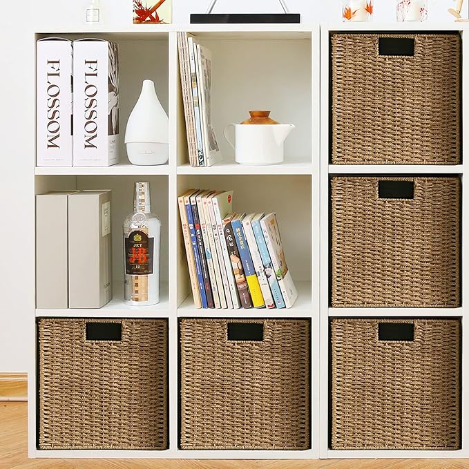Vagusicc Wicker Baskets, Set of 2 Hand-Woven Storage Baskets for Shelves with Handles, Foldable Cube Wicker Storage Basket Bi