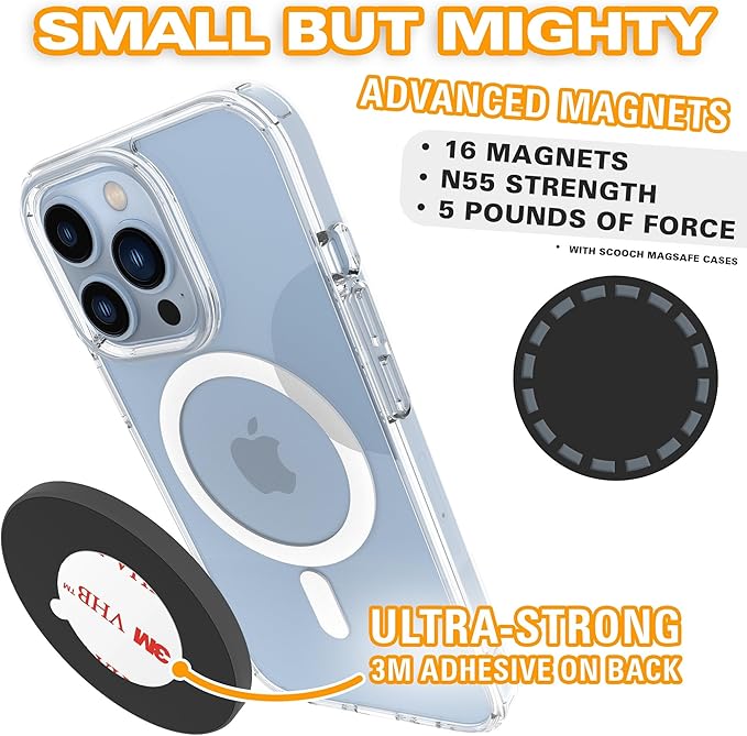 Scooch Magnetic Phone Mount Compatible with MagSafe, for Wall, Car, and Dash, Compatible with iPhone 15/14/13/12, Strong Magnets, Magnetic Wall Mount, Sticks to Hard, Flat Surfaces (2-Pack)