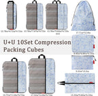 U+U 10 Set Compression Packing Cubes - Ultralight Travel Organizers with Laundry Bag and Cosmetic Bag, Space-Saving Suitcase 