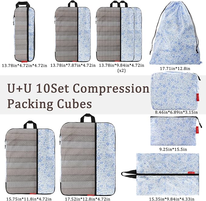 U+U 10 Set Compression Packing Cubes - Ultralight Travel Organizers with Laundry Bag and Cosmetic Bag, Space-Saving Suitcase 
