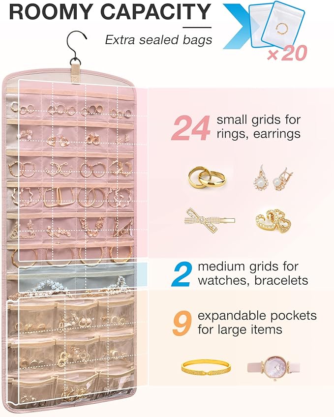 BAGSMART Hanging Jewelry Organizer, Necklace Holder Anti-tangle Earrings Rings Hanger with 20 Jewelry Bags Travel Storage Rol