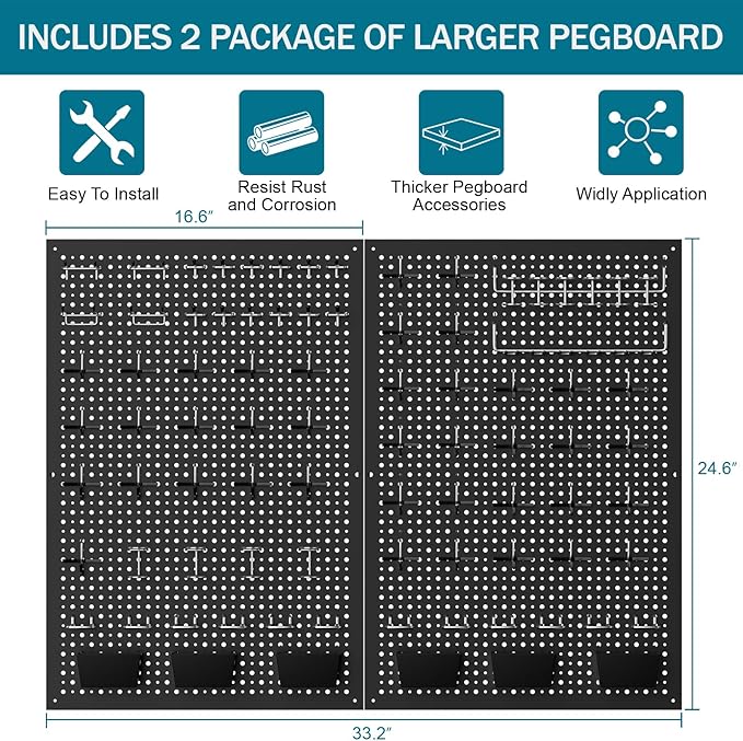 Pegboard kit with Accessories,Includes 2 Pack 16" X 24" Steel Peg Board and 120 PCS Varied Pegboard Accessories,can be Used f