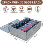 PINGMIC Gray Sock Organizer Divider 2 Pack with Lid - 30 Cell Foldable Closet Storage, Tie Organizer For Men Boxes for Socks,
