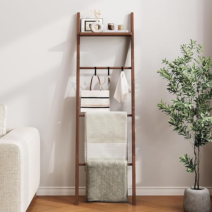 63" Bamboo Blanket Ladder with Shelf and 5 Hooks, 4 Tier Leaning Blanket Rack, Farmhouse Towel Ladder Rack, Decorative Quilt 