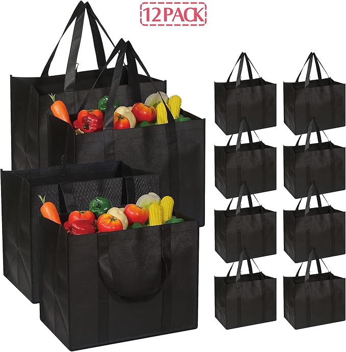 DIOMMELL 12 Pack Reusable Grocery Bags Large Foldable Heavy Duty Shopping Tote Produce Bag with Reinforced Handles for Groceries Clothes Vegetables Fruit, Black