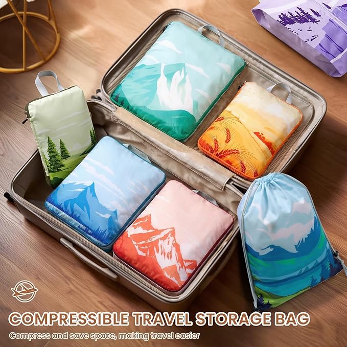 7 Set Compression Packing Cubes for Travel - Compressible/Expandable Luggage Organizer Bags Set, Double Zipper Packing Organi