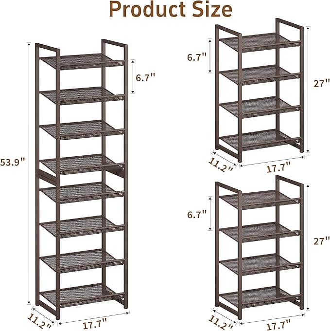 Tall Narrow Shoe Rack, 8 Tier Stackable Shoe Stand for 16-20 Pairs, Heavy Duty Shoe Organizer for Small Space Closet Bedroom,