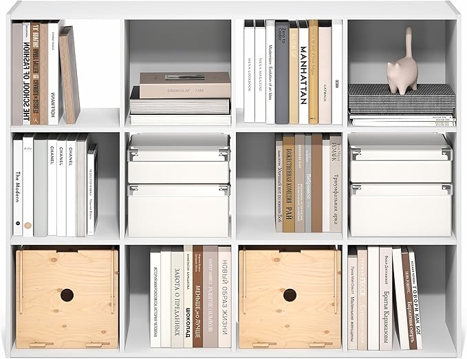 Furinno PELLI Book Shelf, 12-Cube Bookshelf, Cube Storage Organizer Bookcase, 11.7 x 47.6 x 36, for Living Room, Bedroom, Hom