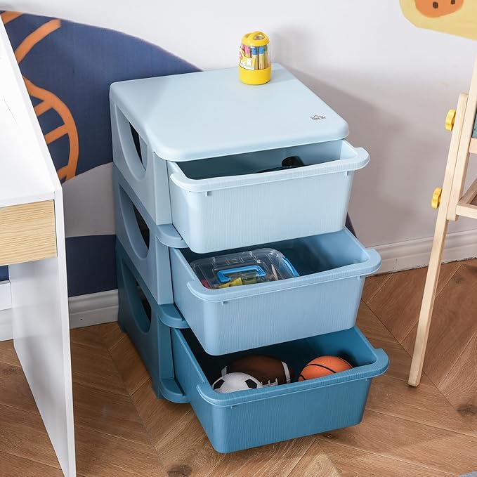 Qaba 3 Tier Kids Storage Unit, Toy Organizers and Storage with 3 Drawer Chest for Kids Bedroom Nursery Kindergarten Living Ro