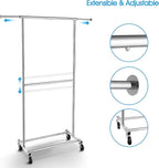 Simple Trending Double Rod Clothing Garment Rack, Rolling Clothes Organizer on Wheels for Hanging Clothes, Chrome