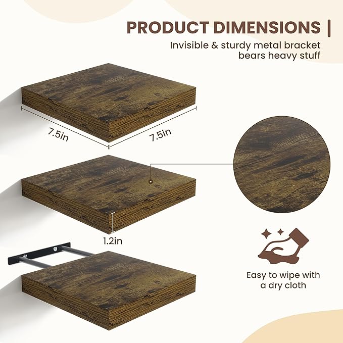 Fun Memories Floating Shelves for Wall - 7.5 Inch Square Shelves with Invisible Brackets, Small Wall Shelf for Living Room, B