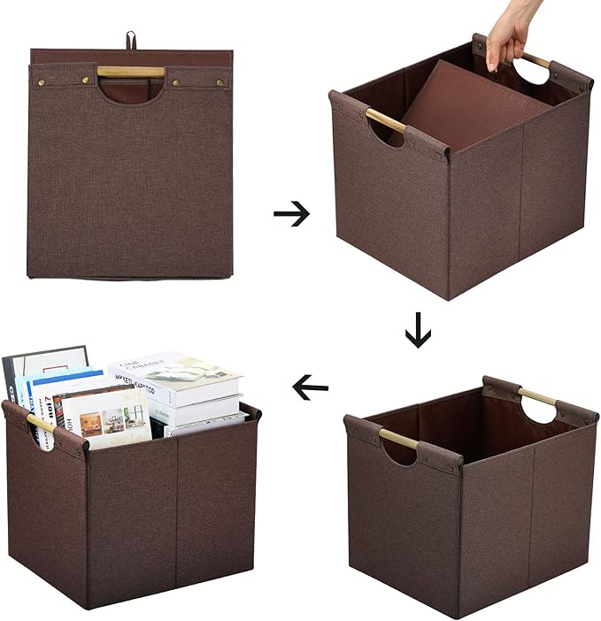 HOONEX Large Collapsible Storage Bins, Linen Fabric, 2 Pack, Storage Baskets with Wooden Carry Handles and Sturdy Heavy Cardb
