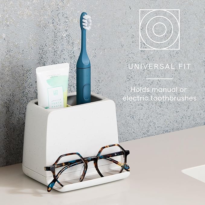 YouCopia The Ledge Toothbrush Holder, 2-Slot, Bathroom Vanity Counter Organizer with Cord Slots, Removable Base and Storage f
