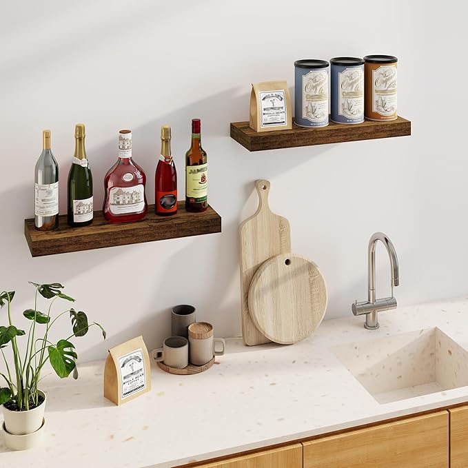 Fun Memories Floating Shelves for Wall, 24Inch Floating Shelves Set of 2, Hanging Shelf with Invisible Brackets, Wood Shelves