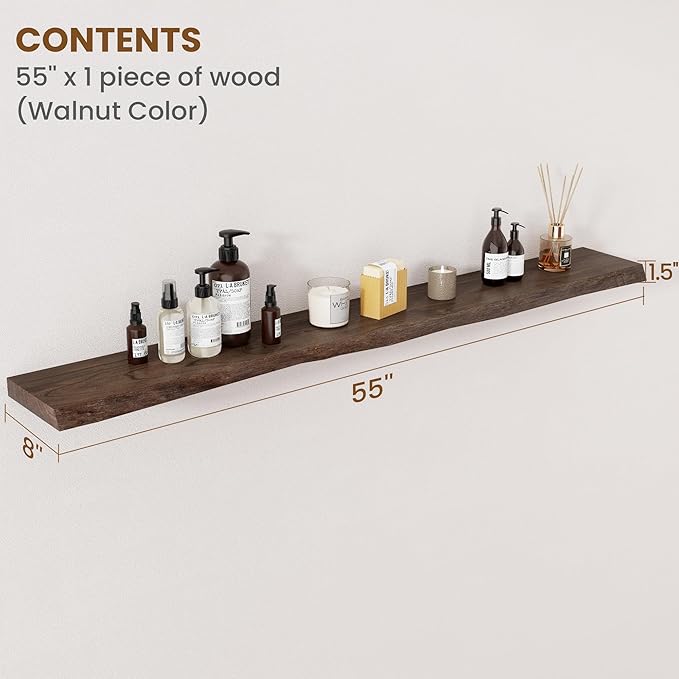 Floating Shelves for Wall Decor, Rustic Solid Elm Wood Live Edge Floating Shelves Wall Mounted, Wall Shelves with Invisible B