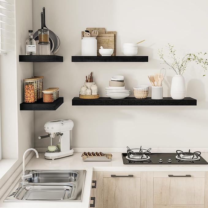 Black Floating Shelves for Wall 24 Inches Long, 12" Deep Wall Shelves 2" Thick, Heavy Duty Shelf for Bedroom, Bathroom, Livin