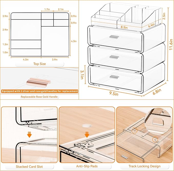 Yieach Clear Acrylic Makeup Organizers Countertop for Dresser,Desk,Bathroom Vanity,4 Tier Stackable Make up Holders and Makeu