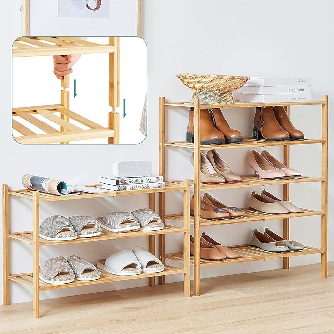 viewcare 4-Tier Bamboo Shoe Rack for Entryway, Stackable | Foldable | Natural, Shoe Organizer for Hallway Closet, Free Standi