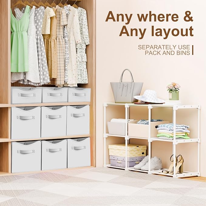 9 Cube Storage Organizer Shelf with Storage Bins and Label, 11 Inch Toy Cube Bins Clothes Closet Organizers Drawers Fabric Dr