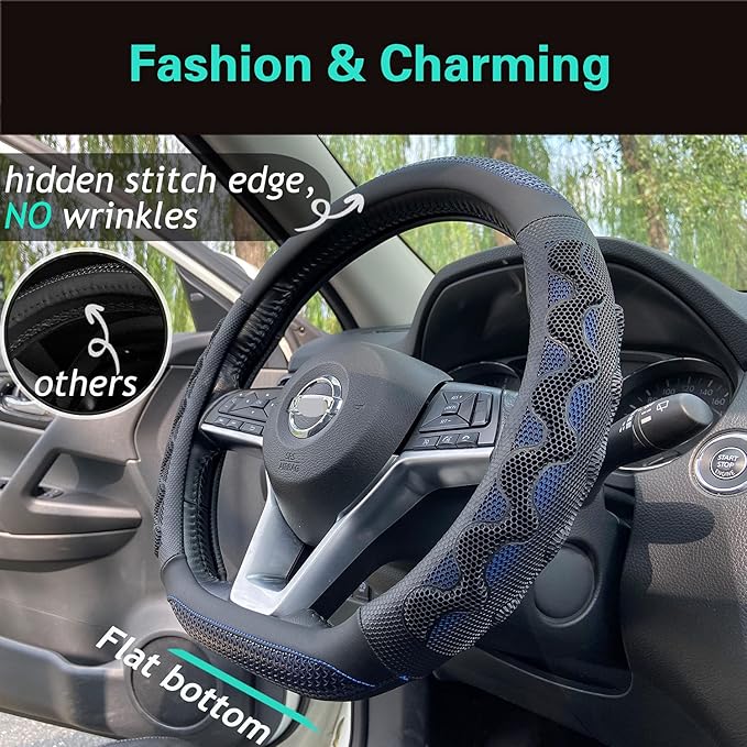 PINCTROT D Shaped 14.5-15 Inch Steering Wheel Cover Great Grip with 3D Honeycomb Anti-Slip Design, Flat Bottom 14.5-15 Inch (Blue)