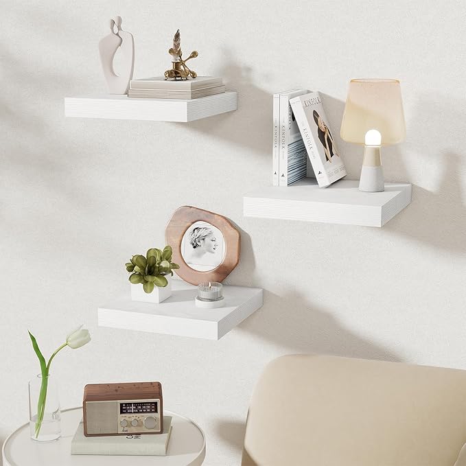 Fun Memories 12 Inch Square Floating Shelves 3 Pack - Wall Shelves with Invisible Brackets, Small Floating Shelves for Wall, 