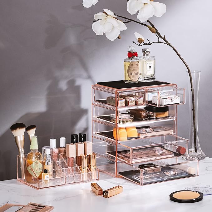 Sorbus Acrylic Makeup Organizer Set, 6-Drawer Vanity & Countertop Cosmetic Storage with Small & Wide Compartments, Pink Makeu