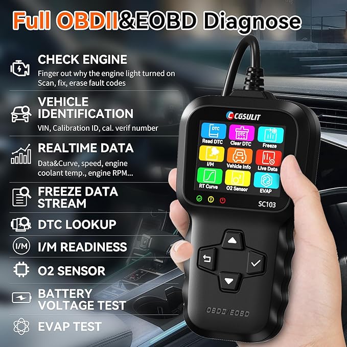 OBD2 Scanner, CGSULIT SC103 Car Code Reader Diagnose Check Engine Light Smog Check DTCs Scan Tool Live Data Stream Voltage Test