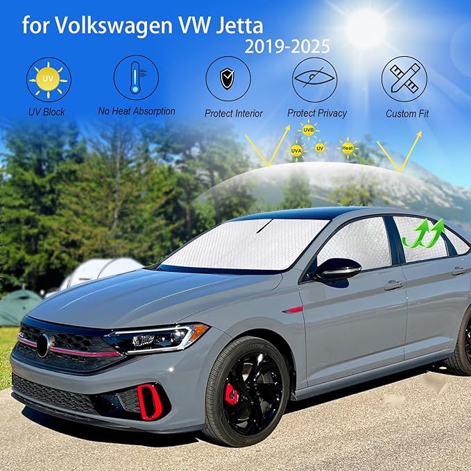 KMF 7pcs Sun Shades for Volkswagen Jetta 2019-2025 Accessories, Custom Fit VW Jetta Windshield Sunshade Car Window Covers for Side Rear, UV Block and Blackout Privacy for Camping