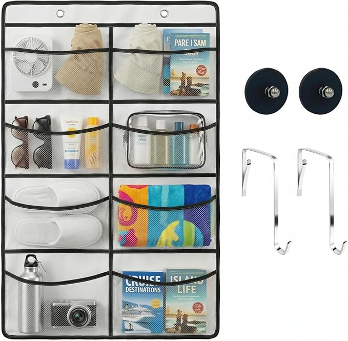 Magnetic Cruise Organizer, 8 Large Durable Pockets Over The Door Organizer For Cruise Ships, Magnetic & Hanging Cruise Organi