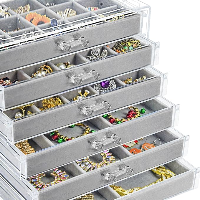 Watpot Acrylic Jewelry Box with 6 Drawers, Clear Earring Storage Organizer Display Case for Women Girls, Gray